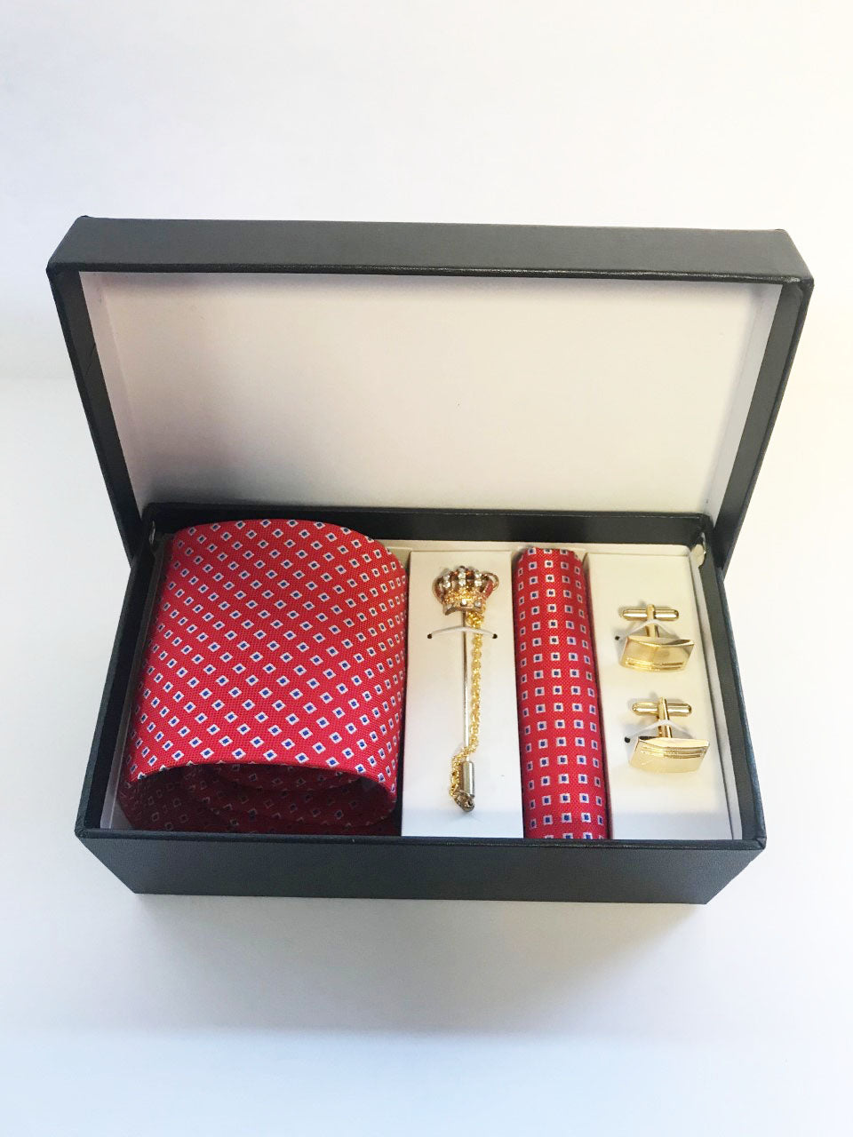 B8 Red and black stylish necktie set w/ cufflinks and crown lapel pin