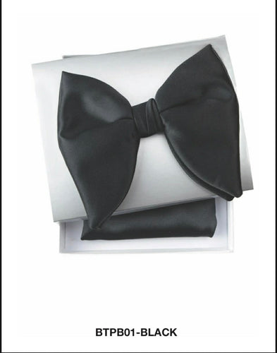 Large Black Satin Wine Tear Drop Bow tie W/ hanky