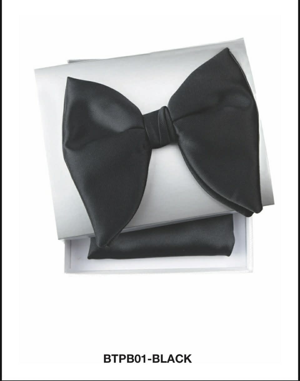 Large Black Satin Wine Tear Drop Bow tie W/ hanky