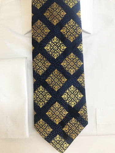 Gold and Navy Grid Pattern Necktie Set