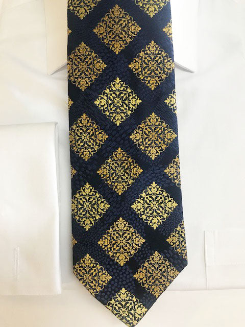 Gold and Navy Grid Pattern Necktie Set