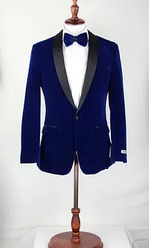 Blue Velvet Shawl Lapel Jacket with Bow tie