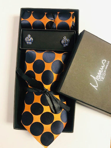 Box Set 11 Orange with large blue polka dots and cufflinks set