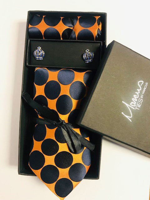 Box Set 11 Orange with large blue polka dots and cufflinks set