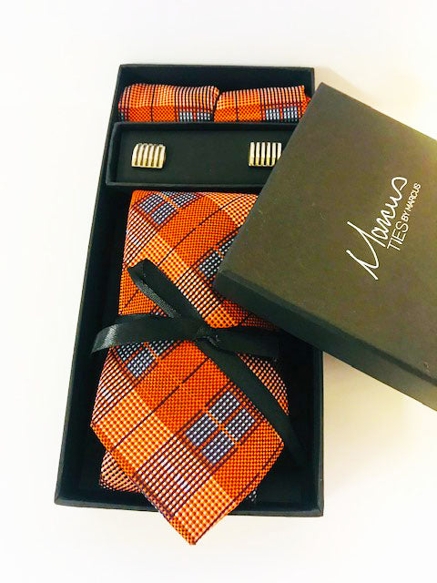 Box Set 10 Orange and blue check pattern necktie set w/ cufflinks