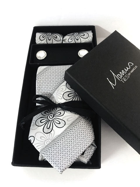 Box Set 1 Grey Floral Necktie Set w/ contrasting cufflinks