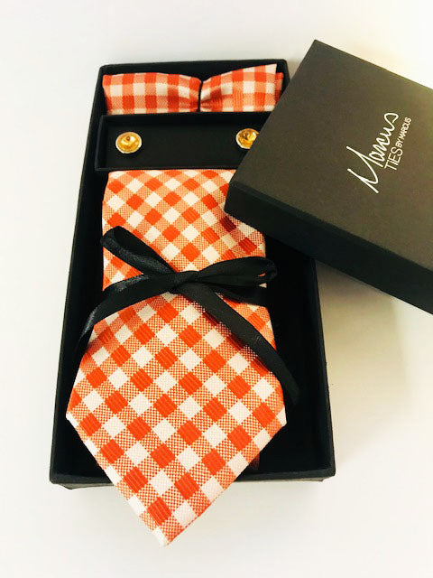 Box Set 3 Orange Crush pattern Necktie Set w/ cufflinks