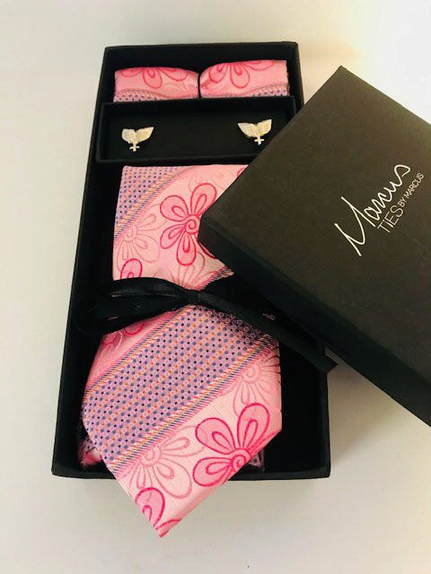 Box Set 4 Pink Floral Pattern Necktie set w/cross Wing Cufflinks