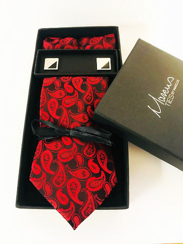 Box Set 6 Red Paisley and black Necktie set w/cufflinks