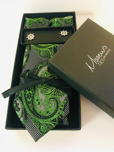 Box Set 7 Green and Black paisley designer Necktie set w/ cufflinks