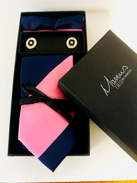 Box Set 8 Pink and Blue Wide Stripe Necktie Set w/ cufflinks