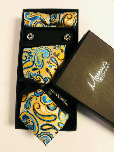 Box Set 9 Yellow and Blue paisley Necktie Set w/ cufflinks