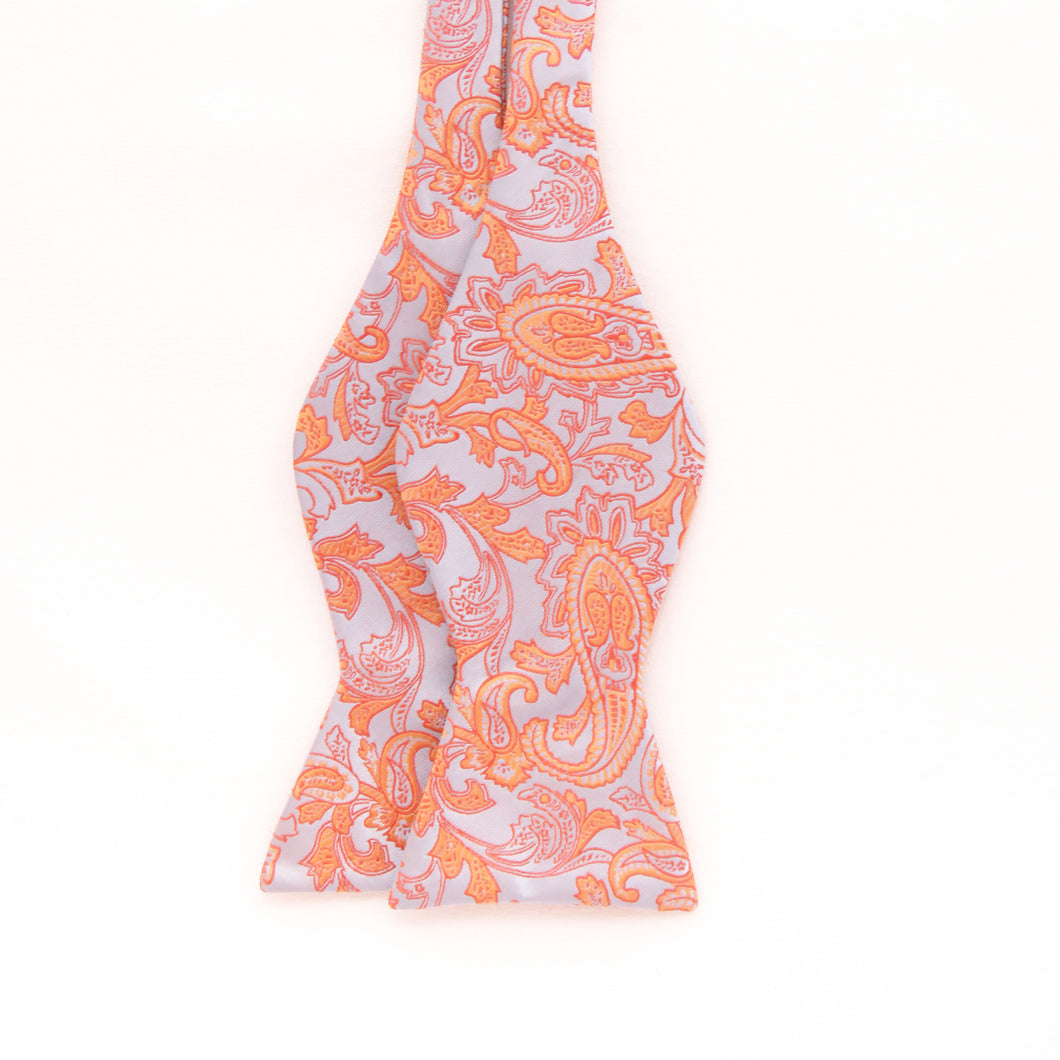 Orange and gray paisley pattern self tie bow tie set