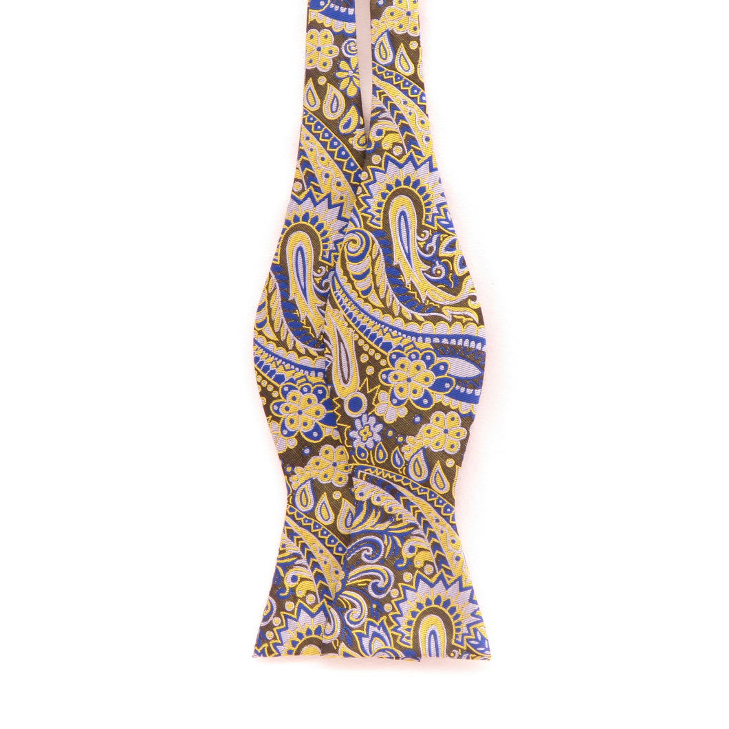 Royal blue yellow and black paisley bow tie set