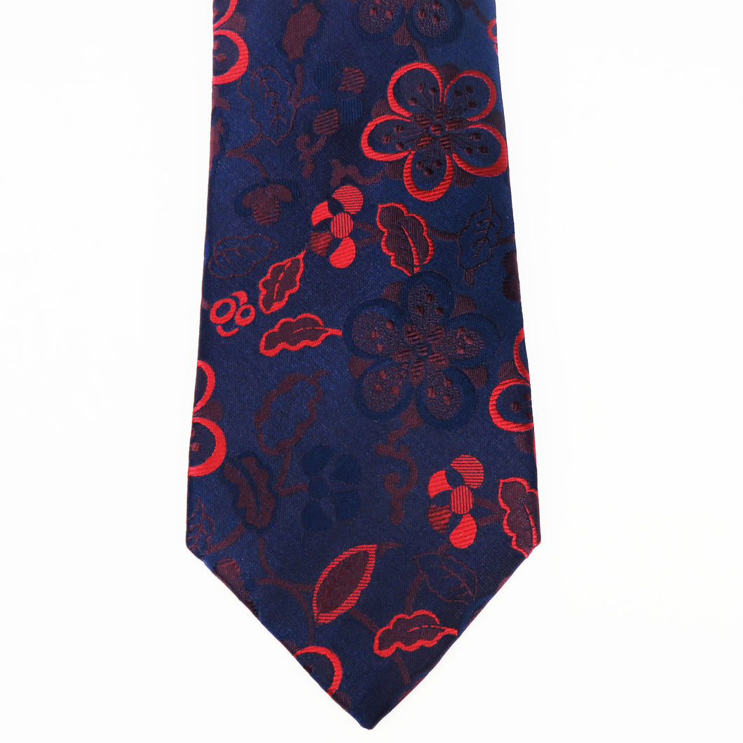 Navy Blue and Red Floral Printed Necktie Set