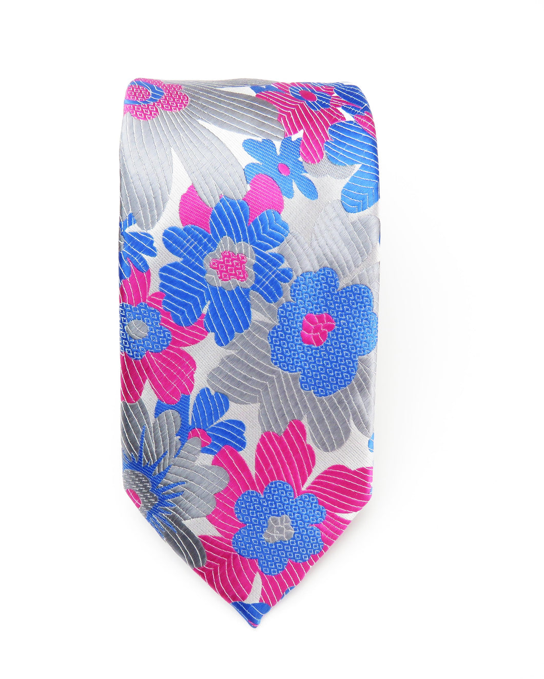 Teal Blue and Pink Floral Necktie