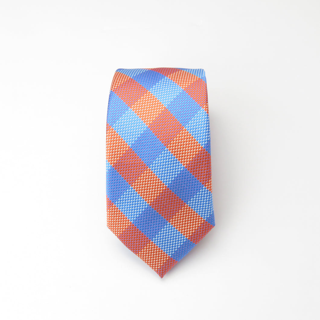 Orange and Blue Checker Pattern Skinny Necktie Set