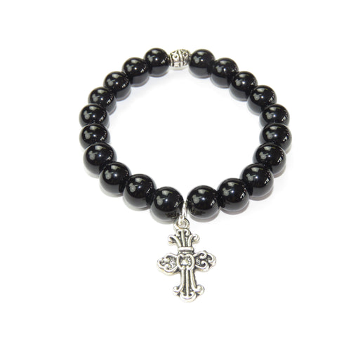 Black Bead Handmade Men's Bracelet with Cross