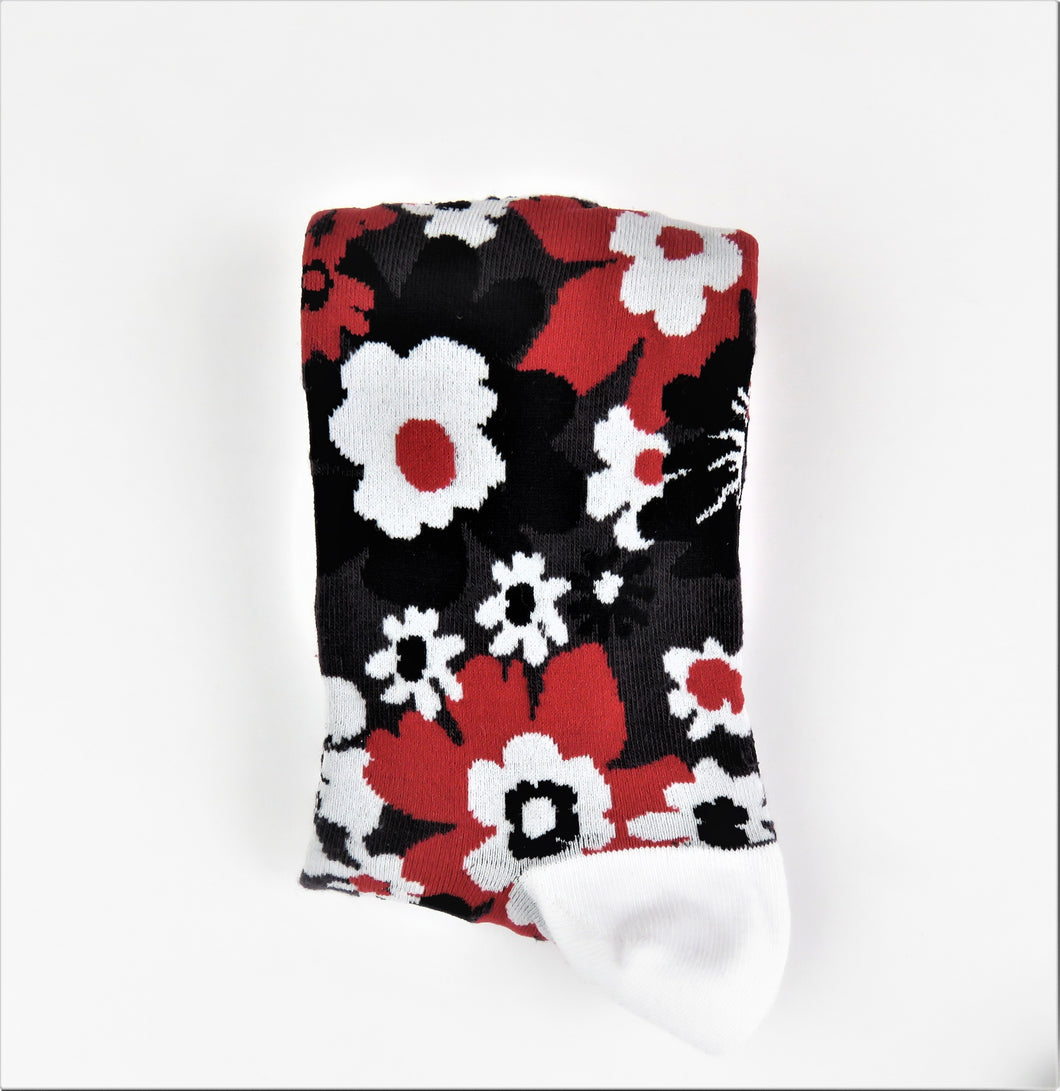 Red, Black, and White Floral Pattern Socks
