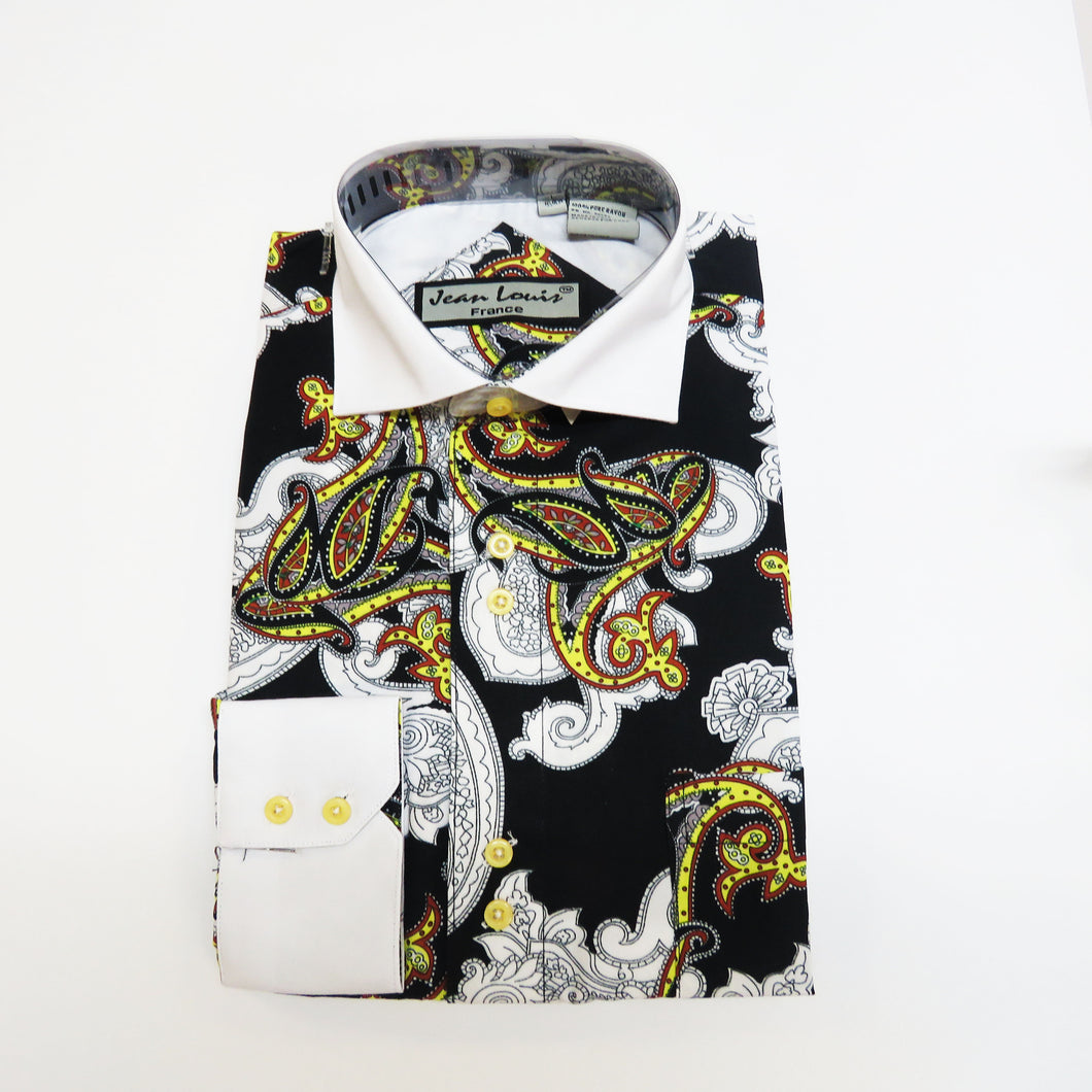 Black and White Dress shirt with yellow paisley