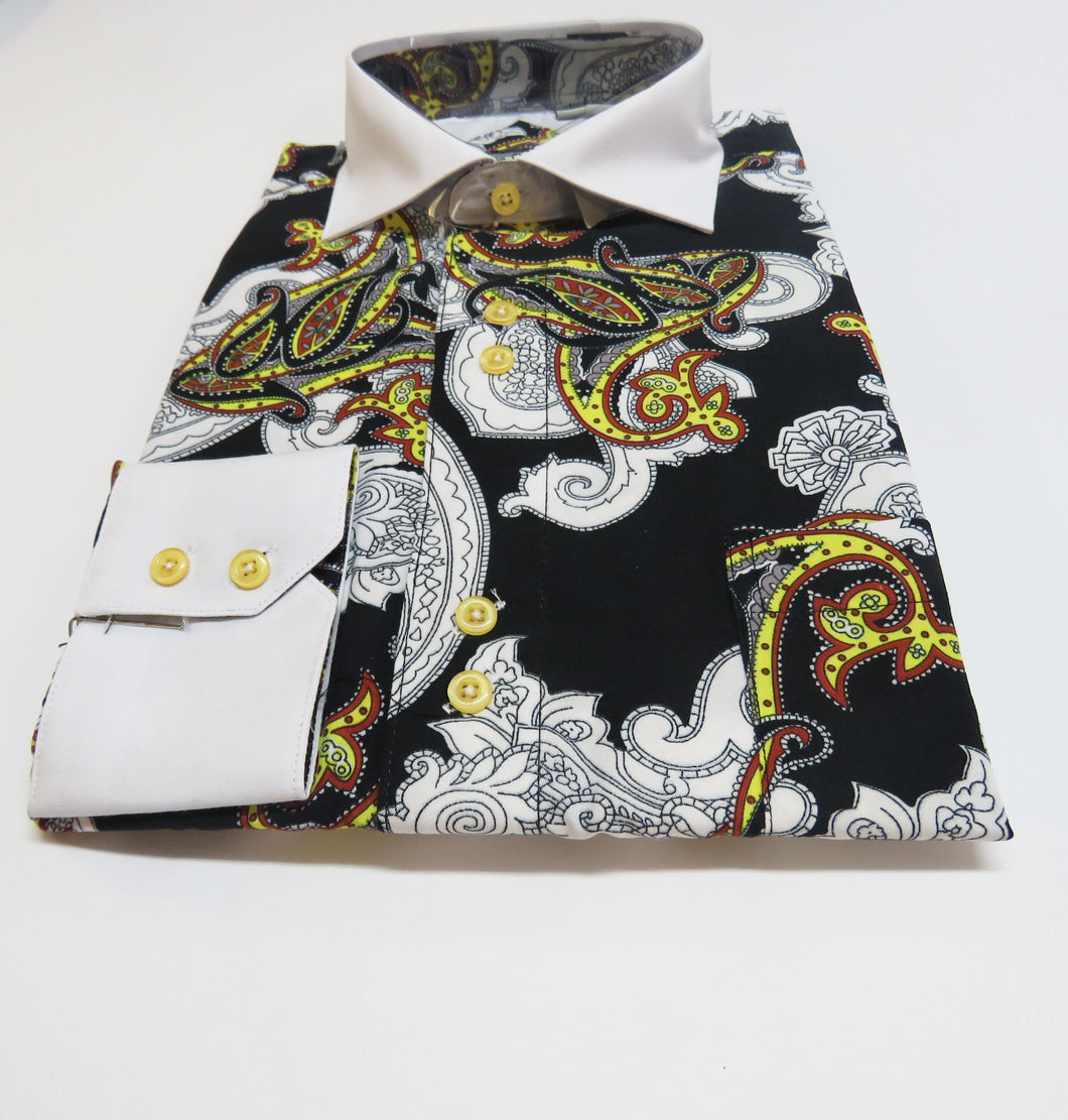 Black and White Dress shirt with yellow paisley Ties By Marcus Black and White Dress shirt with yellow paisley Ties By Marcus