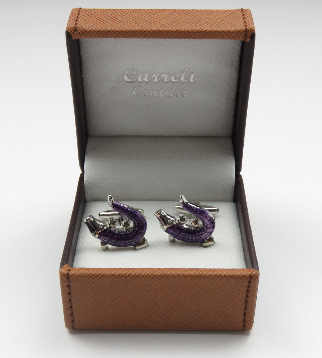 Purple Gator Cufflinks with Silver Trim and box