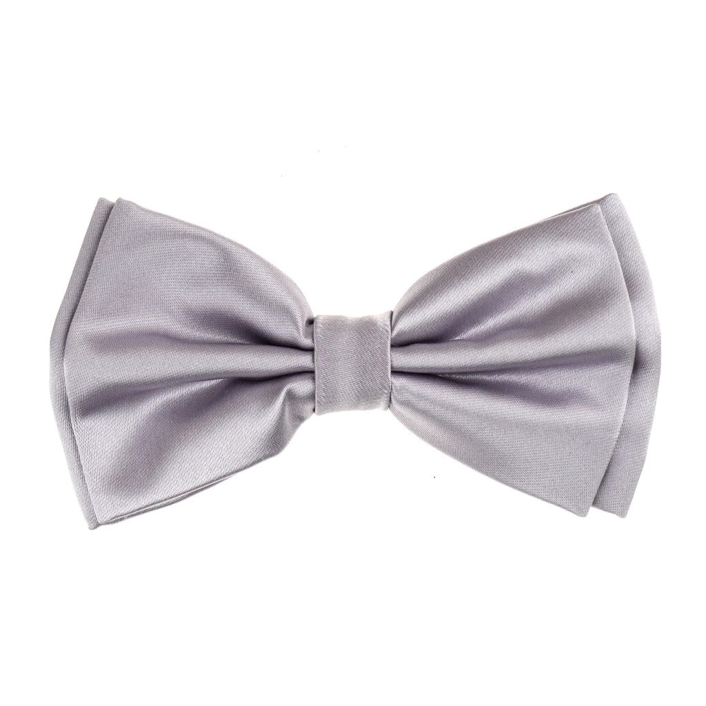Silver Satin Silk Pre-Tied Bow Tie With Matching Pocket Square