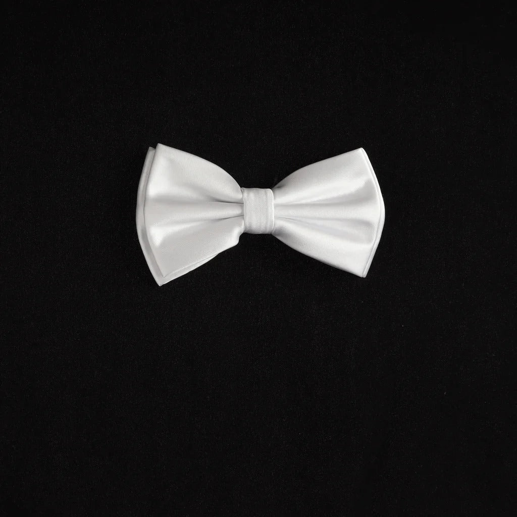 White Satin Finish Silk Pre-Tied Bow Tie with Matching Pocket Square