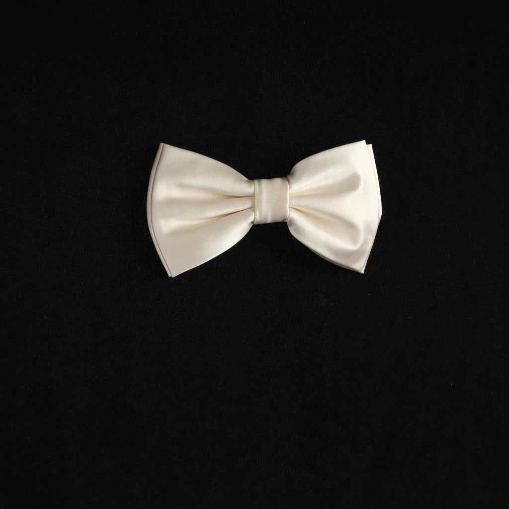 Ivory Satin Finish Silk Pre-Tied Bow Tie with Matching Pocket Square