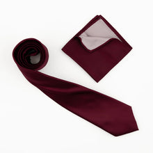 Burgundy Satin Finish Silk Necktie with Matching Pocket Square