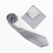 Silver Satin Finish Silk Necktie with Matching Pocket Square