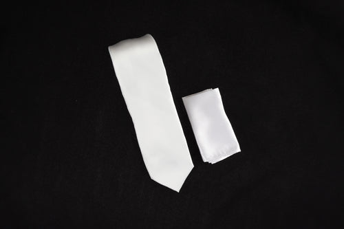 White Satin Finish Silk Necktie with Matching Pocket Square