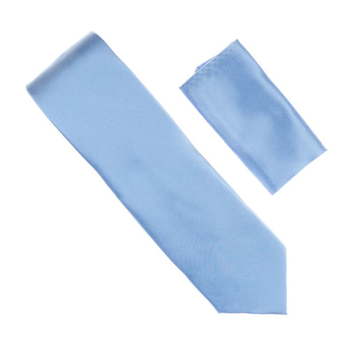 Baby Blue Satin Finish Silk Necktie with Matching Pocket Square