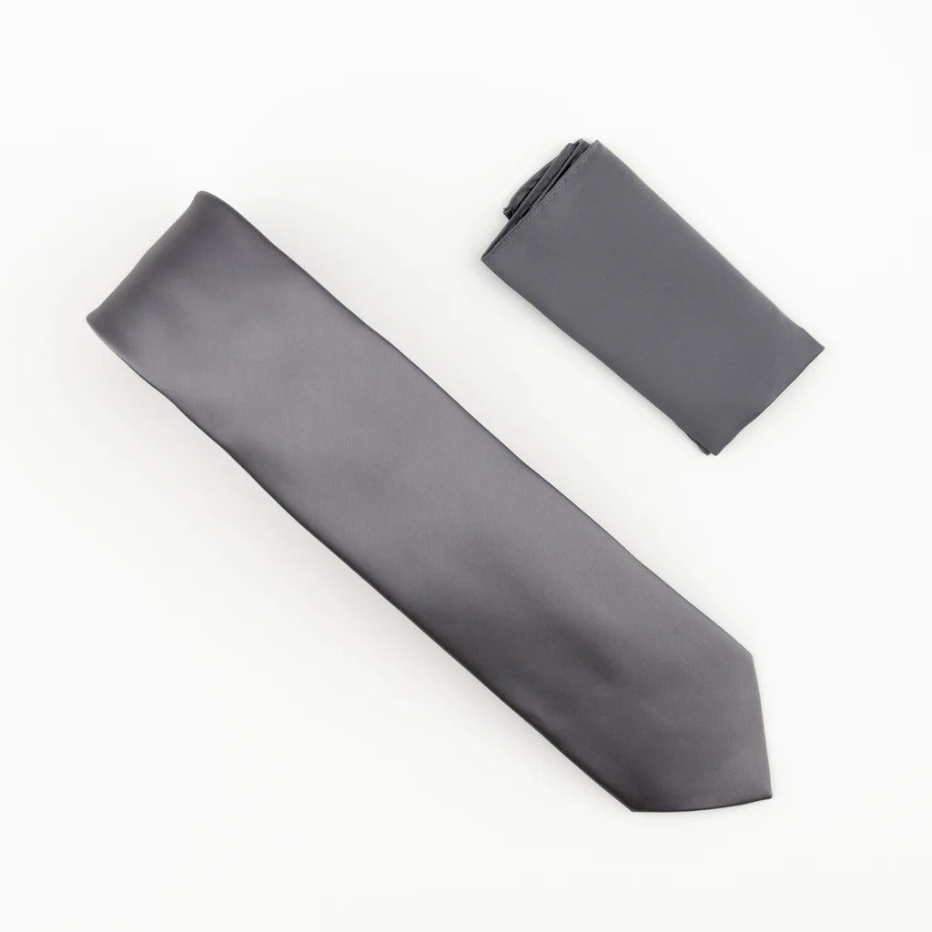 Charcoal Grey Satin Finish Silk Necktie with Matching Pocket Square