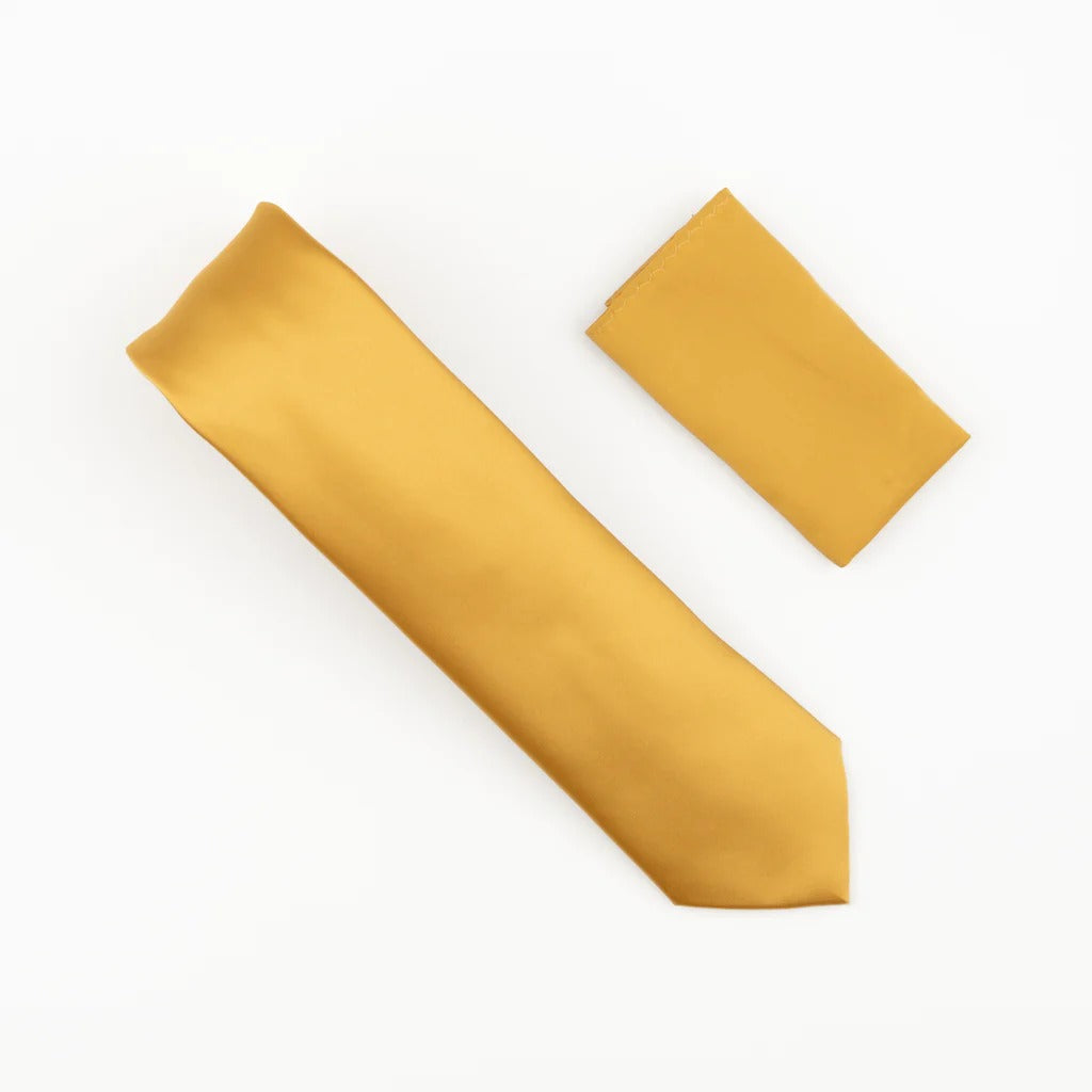 Gold Satin Finish Silk Necktie with Matching Pocket Square