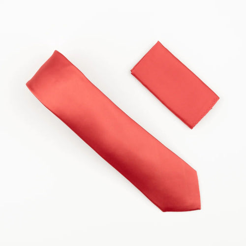 Coral Satin Finish Silk Necktie with Matching Pocket Square