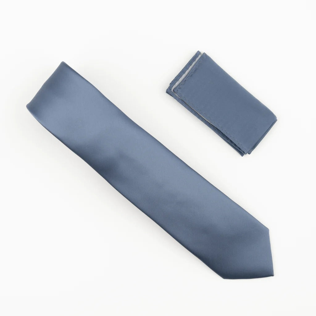 Blue Grey Satin Finish Silk Necktie with Matching Pocket Square