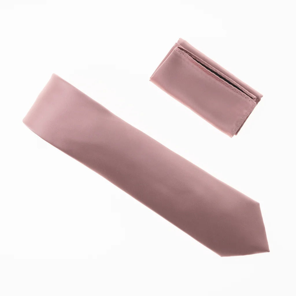 Rose Gold Satin Finish Silk Necktie with Matching Pocket Square