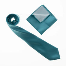 Teal Blue Satin Finish Silk Necktie with Matching Pocket Square
