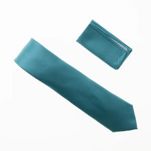 Teal Blue Satin Finish Silk Necktie with Matching Pocket Square