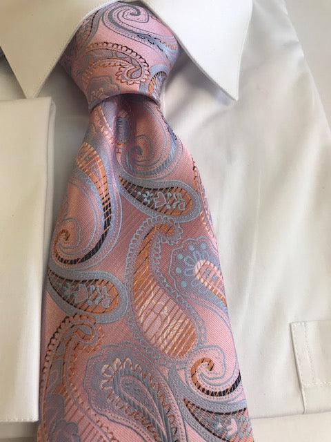 Large knot Pink, and baby blue paisley Necktie Set