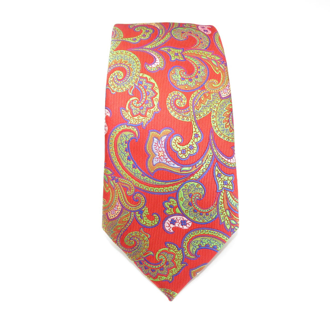 Red Necktie With Multi Colored Paisley Pattern