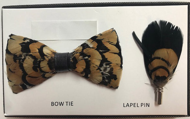 Feather bow tie and lapel pin set #1
