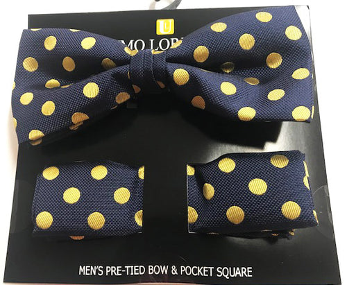 Blue and gold Polka dot Bow tie set (Pretied)