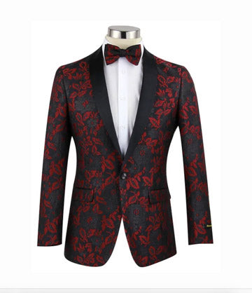 Red Floral Shawl Collar Jacket with Bow tie