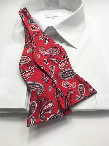 Dark Red & Silver Paisley bow tie set