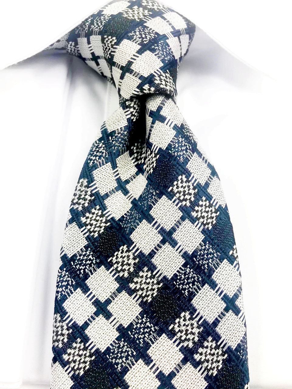 Navy blue and silver diagonal small checkered pattern necktie set