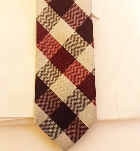 Maroon and gray check designer necktie set